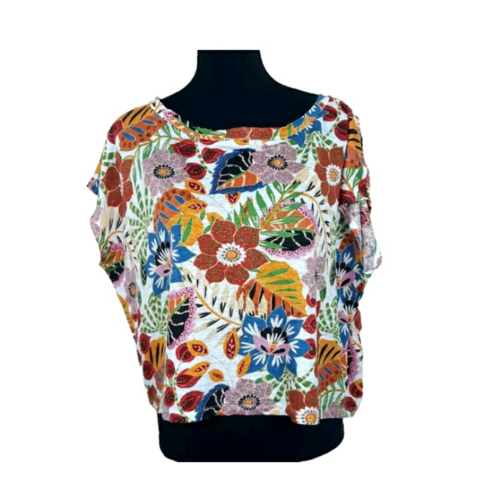 C&C California Linen Cropped Blouse Women's Size XL Pullover Cap Sleeve Tropical
